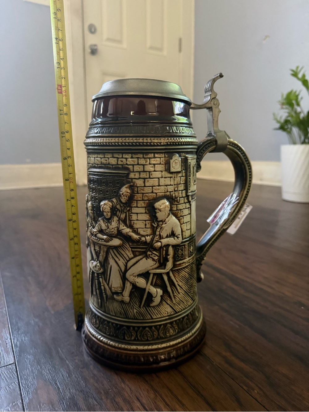Ornate German-Style Ceramic Beer Stein - Brown & Cream